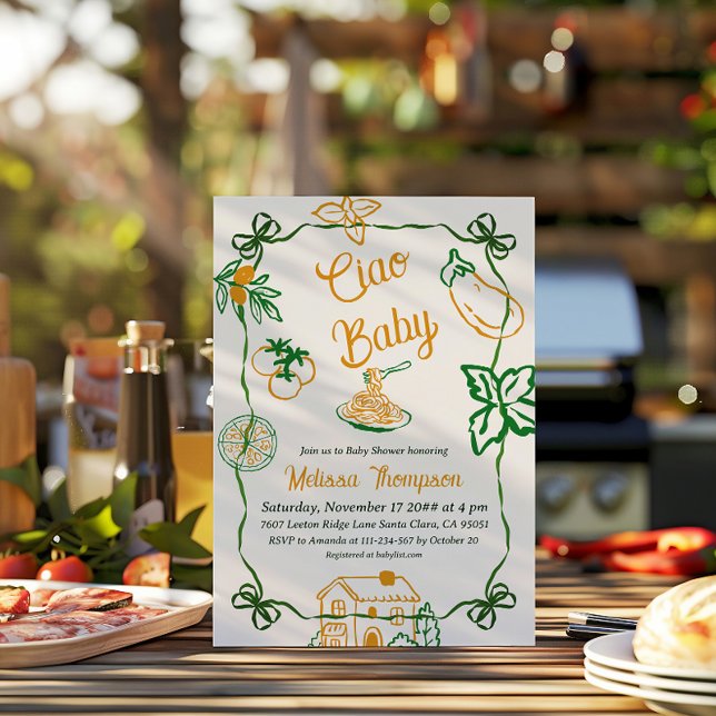 Convite Hand Drawn Ciao Italian Pizza & Pasta Baby Shower (Criador carregado)