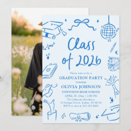 Convite Hand Drawn Class of 2026 Blue Graduation Party