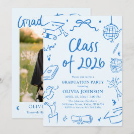 Convite Hand Drawn Class of 2026 Blue Graduation Party