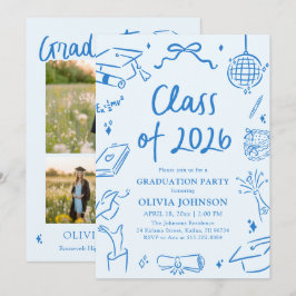 Convite Hand Drawn Class of 2026 Blue Graduation Party