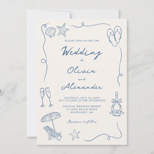 Convite Hand Drawn Coastal Beach Dusty Blue Ivory Wedding (Frente)