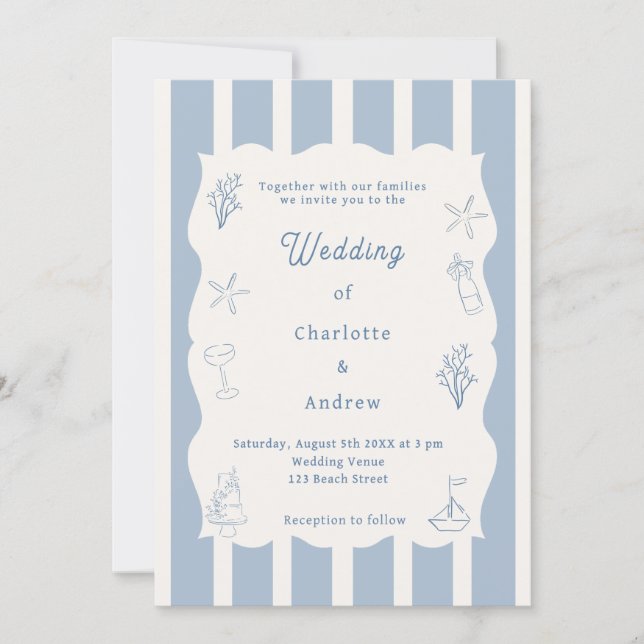 Convite Hand drawn coastal beach dusty blue ivory wedding (Frente)