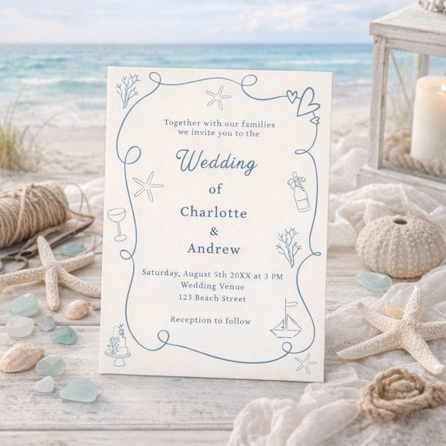 Convite Hand drawn coastal beach dusty blue ivory wedding (Criador carregado)