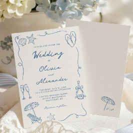 Convite Hand Drawn Coastal Beach Dusty Blue Ivory Wedding