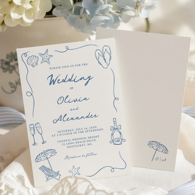Convite Hand Drawn Coastal Beach Dusty Blue Ivory Wedding (Criador carregado)