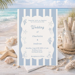 Convite Hand drawn coastal beach dusty blue ivory wedding
