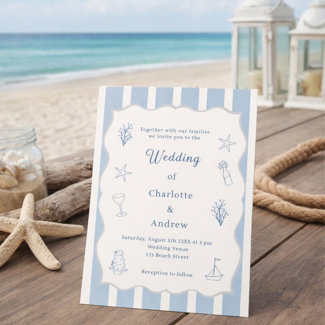 Convite Hand drawn coastal beach dusty blue ivory wedding (Criador carregado)