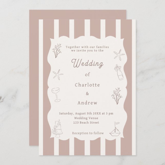 Convite Hand drawn coastal beach ivory taupe wedding (Frente/Verso)