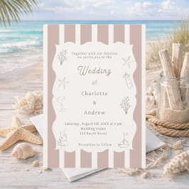 Convite Hand drawn coastal beach ivory taupe wedding