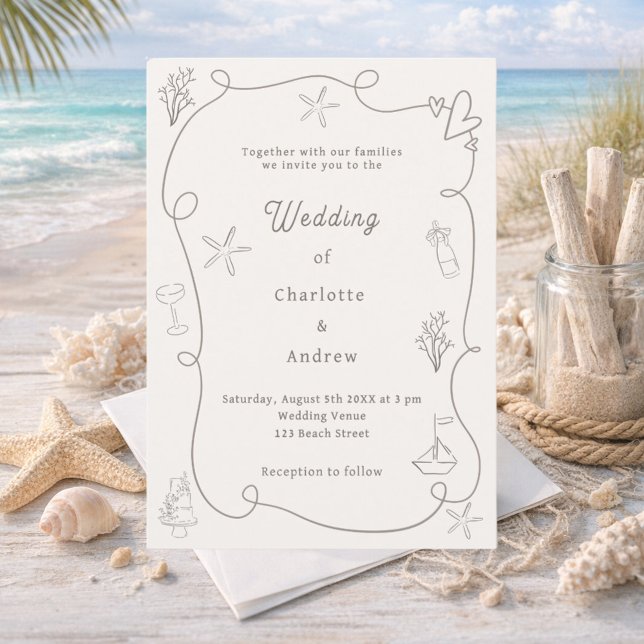 Convite Hand drawn coastal beach taupe sand ivory wedding (Criador carregado)
