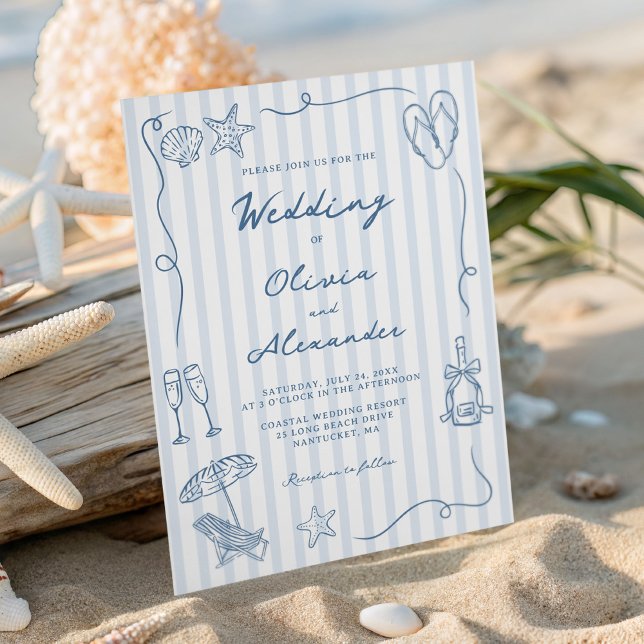 Convite Hand Drawn Coastal Dusty Blue Beach Wedding (Criador carregado)