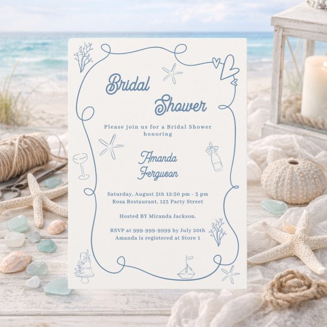 Convite Hand drawn coastal dusty blue ivory Bridal Shower (Criador carregado)