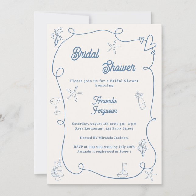 Convite Hand drawn coastal dusty blue ivory Bridal Shower (Frente)