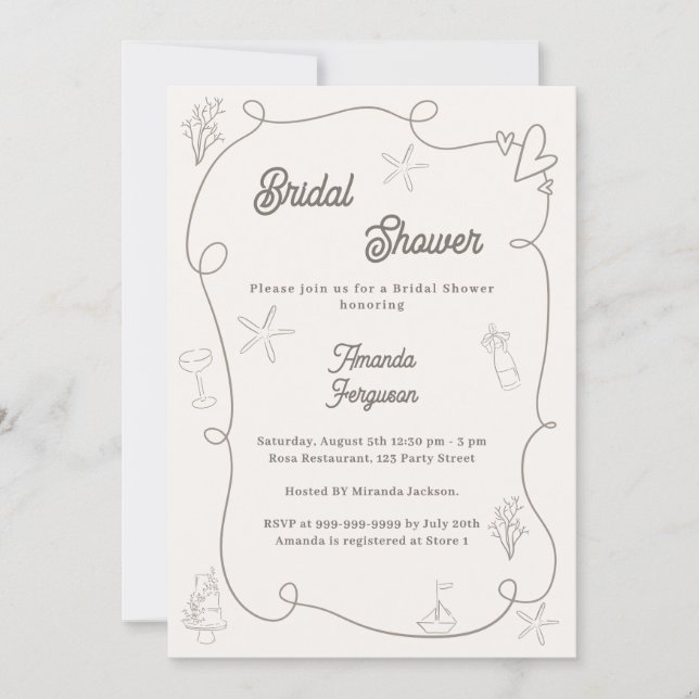 Convite Hand drawn coastal ivory taupe sand Bridal Shower (Frente)