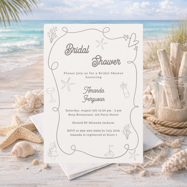 Convite Hand drawn coastal ivory taupe sand Bridal Shower (Criador carregado)