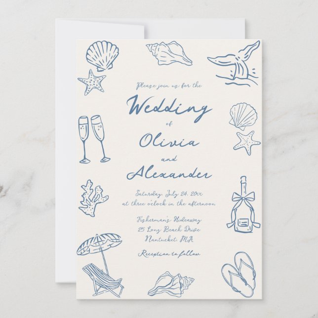 Convite Hand Drawn Coastal Whimsical Doodle Beach Wedding (Frente)