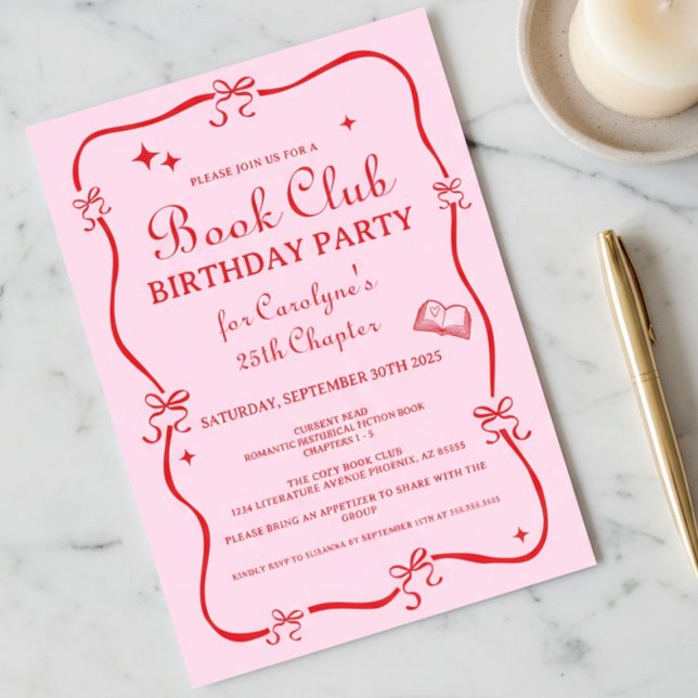 Convite Hand Drawn Coquette Pink Red Book Club Invitation (red and pink hand drawn doodle coquette bow book club birthday new chapter invitation)