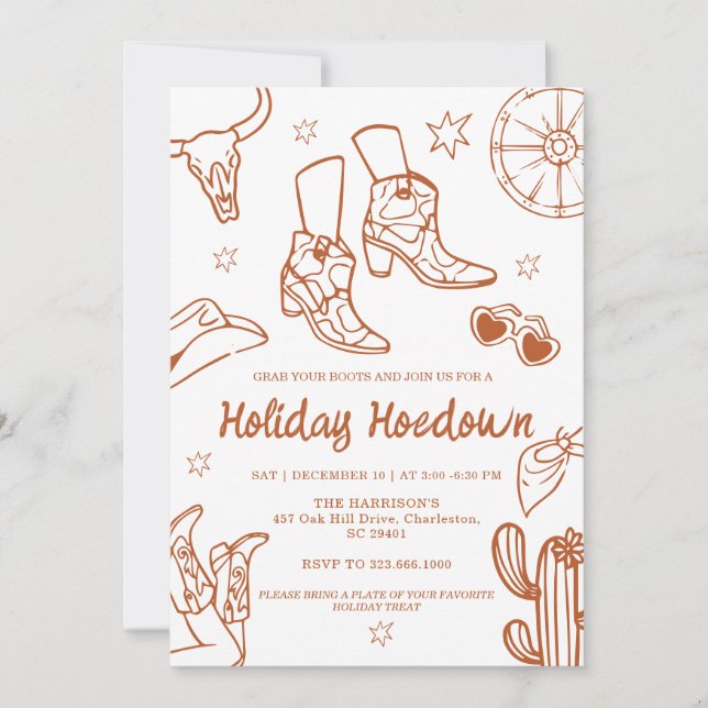Convite hand drawn Cowboy Boots Holiday Celebration, (Frente)