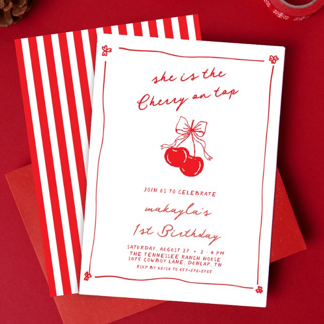 Convite Hand Drawn Cute Cherry On Top Red 1st Birthday (Criador carregado)