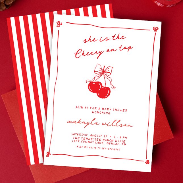 Convite Hand Drawn Cute Cherry On Top Red Baby Shower  (Criador carregado)