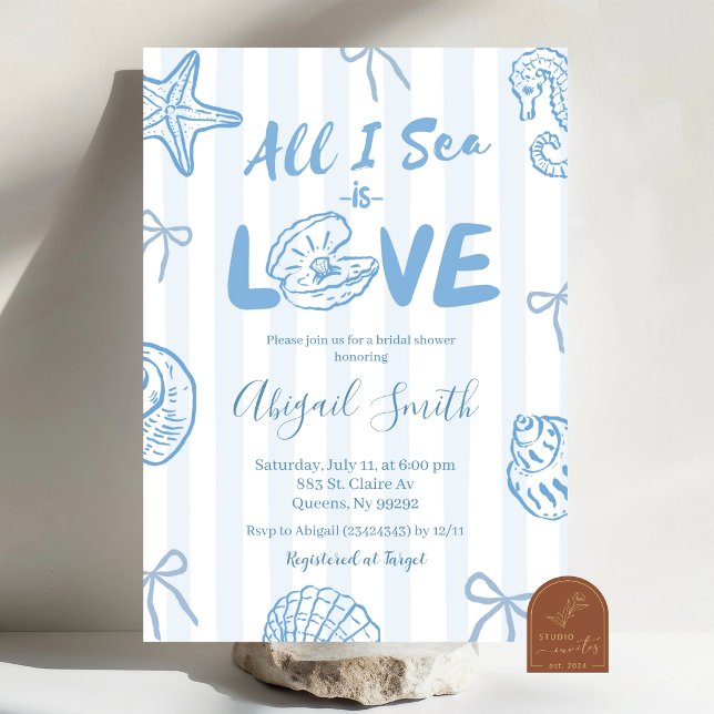 Convite Hand Drawn Doodle Blue All I sea is love bridal (Criador carregado)