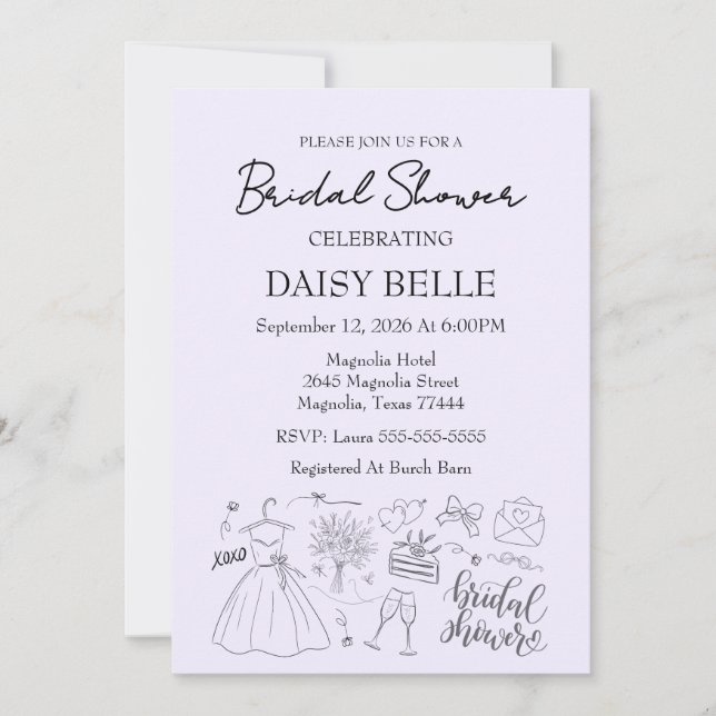 Convite Hand Drawn Doodle Bridal Shower (Frente)