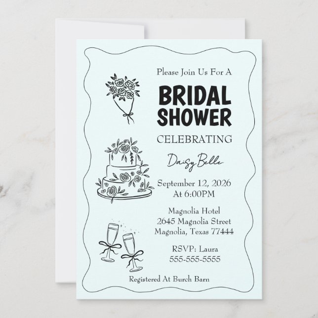 Convite Hand Drawn Doodle Bridal Shower Green (Frente)