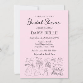Convite Hand Drawn Doodle Bridal Shower Pink