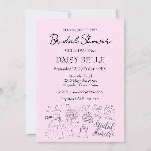 Convite Hand Drawn Doodle Bridal Shower Pink (Frente)