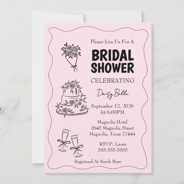 Convite Hand Drawn Doodle Bridal Shower Pink (Frente)