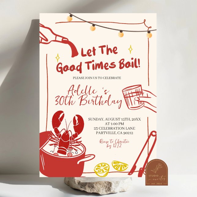 Convite Hand Drawn Doodle crawfish boil Birthday party inv (Criador carregado)