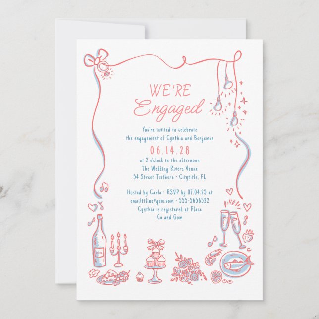 Convite Hand Drawn Doodle Funky Whimsical Engagement Party (Frente)
