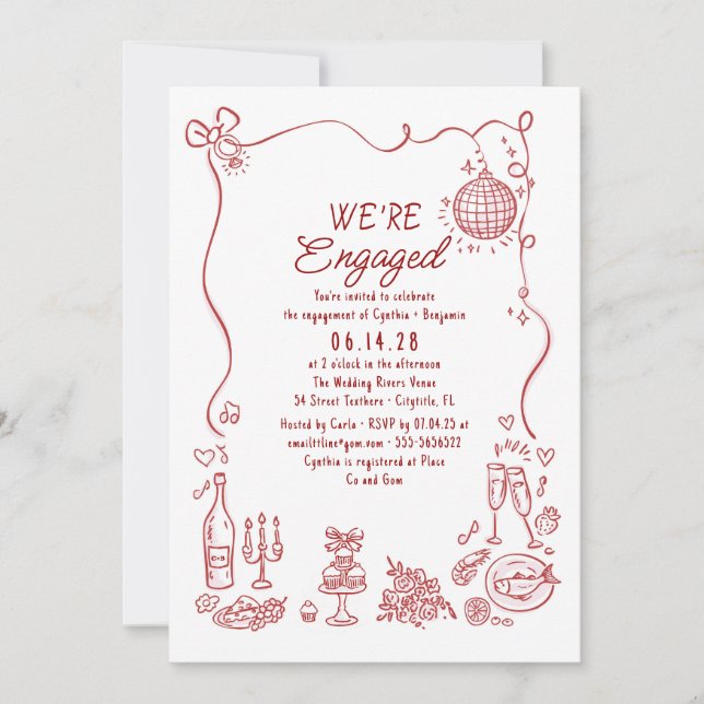 Convite Hand Drawn Doodle Funky Whimsical Engagement Party (Frente)