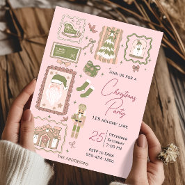 Convite Hand Drawn doodle green peach christmas party