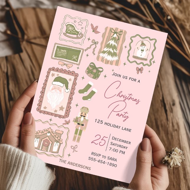 Convite Hand Drawn doodle green peach christmas party (Criador carregado)