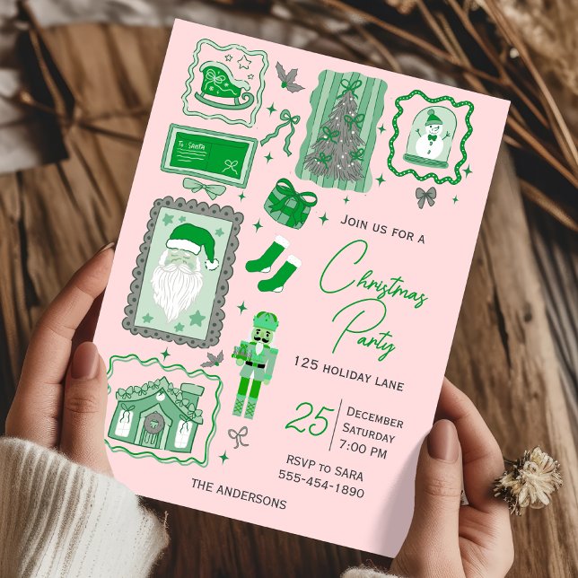 Convite Hand Drawn doodle green pink christmas party (Criador carregado)