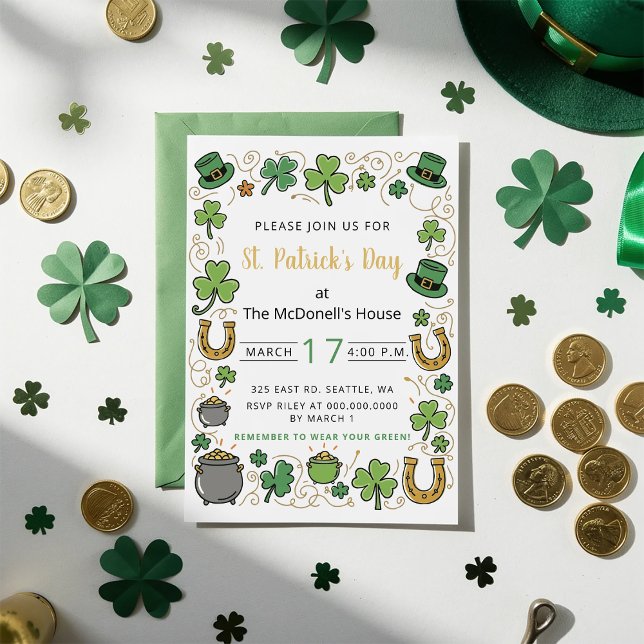 Convite Hand Drawn Doodle Whimsical St Patricks Day  (Hand Drawn Doodle Whimsical St Patricks Day Invitation)