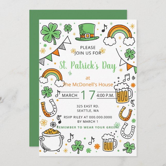 Convite Hand Drawn Doodle Whimsical St Patricks Day  (Frente/Verso)