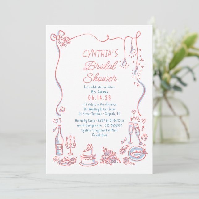 Convite Hand Drawn Doodles Funky Whimsical Bridal Shower (Em pé/Frente)