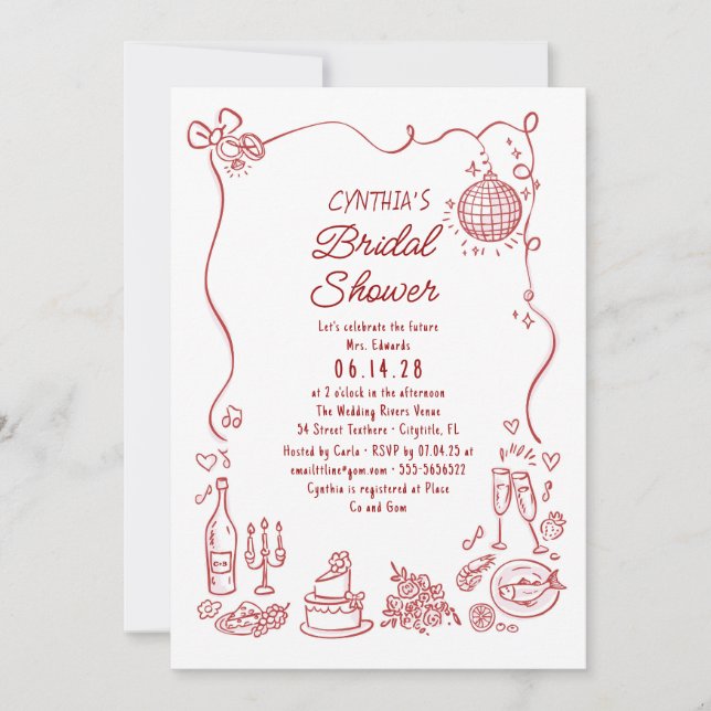 Convite Hand Drawn Doodles Funky Whimsical Bridal Shower (Frente)