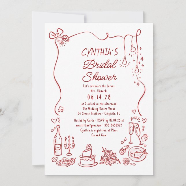 Convite Hand Drawn Doodles Funky Whimsical Bridal Shower (Frente)