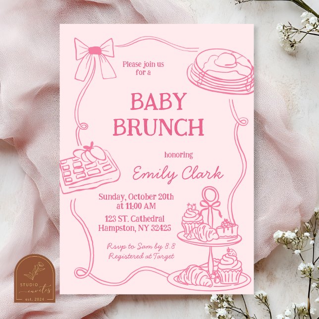 Convite Hand Drawn Doodles Pink Baby Brunch Invitation (Criador carregado)