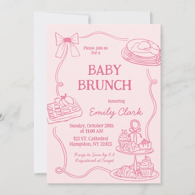 Convite Hand Drawn Doodles Pink Baby Brunch Invitation (Frente)