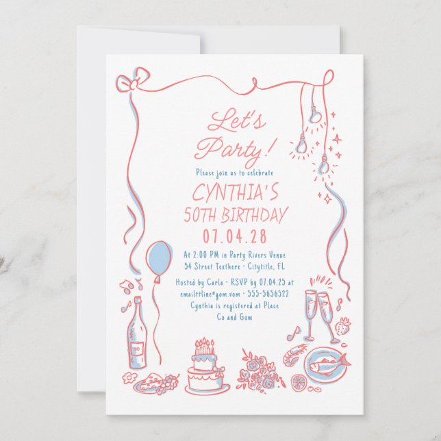 Convite Hand Drawn Doodles Whimsical Quirky Adult Birthday (Frente)