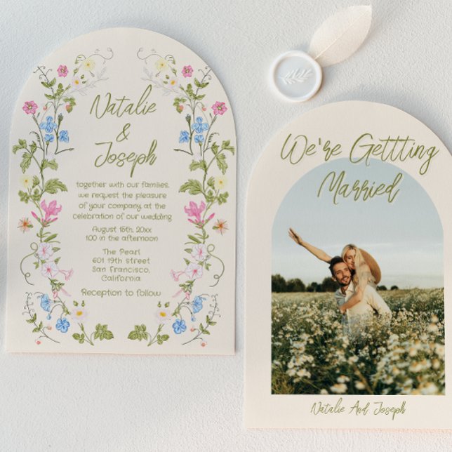 Convite Hand Drawn Floral Summer Arched Photo Wedding (Criador carregado)