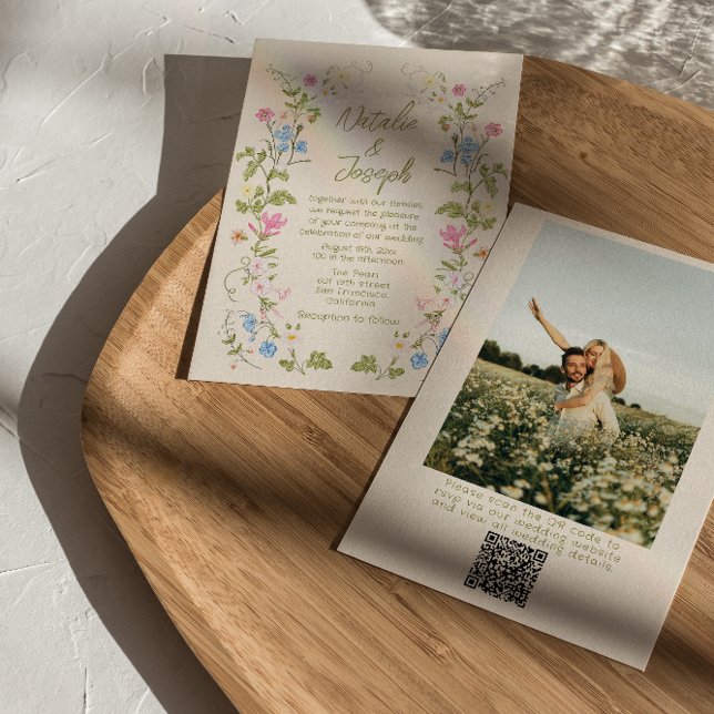 Convite Hand Drawn Floral Summer Photo QR Code Wedding (Criador carregado)