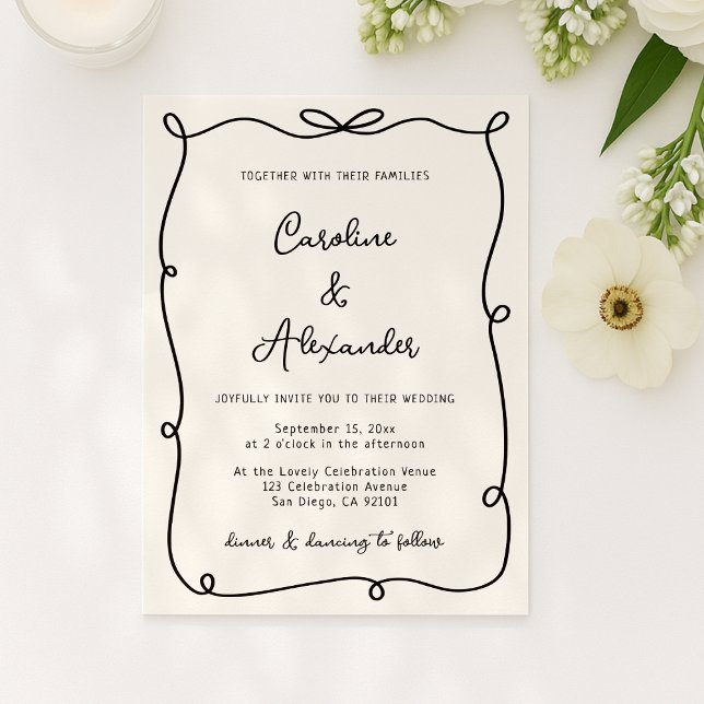 Convite hand drawn frame with bow wedding invitation (Criador carregado)