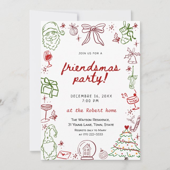 Convite Hand Drawn Friendsmas Christmas  Invitation (Frente)