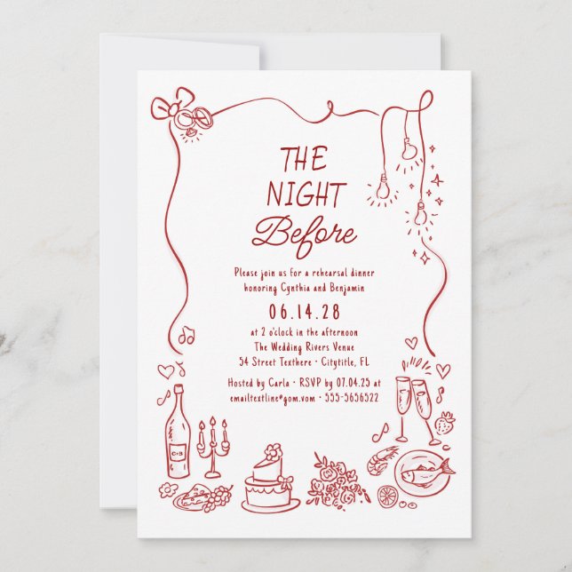 Convite Hand Drawn Funky Whimsical Rehearsal Dinner (Frente)