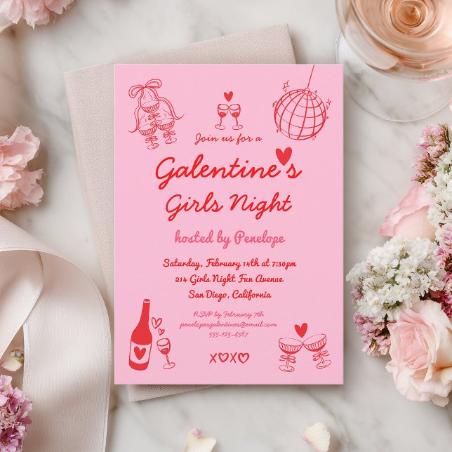 Convite Hand Drawn Galentine's Girls Night Party (Criador carregado)